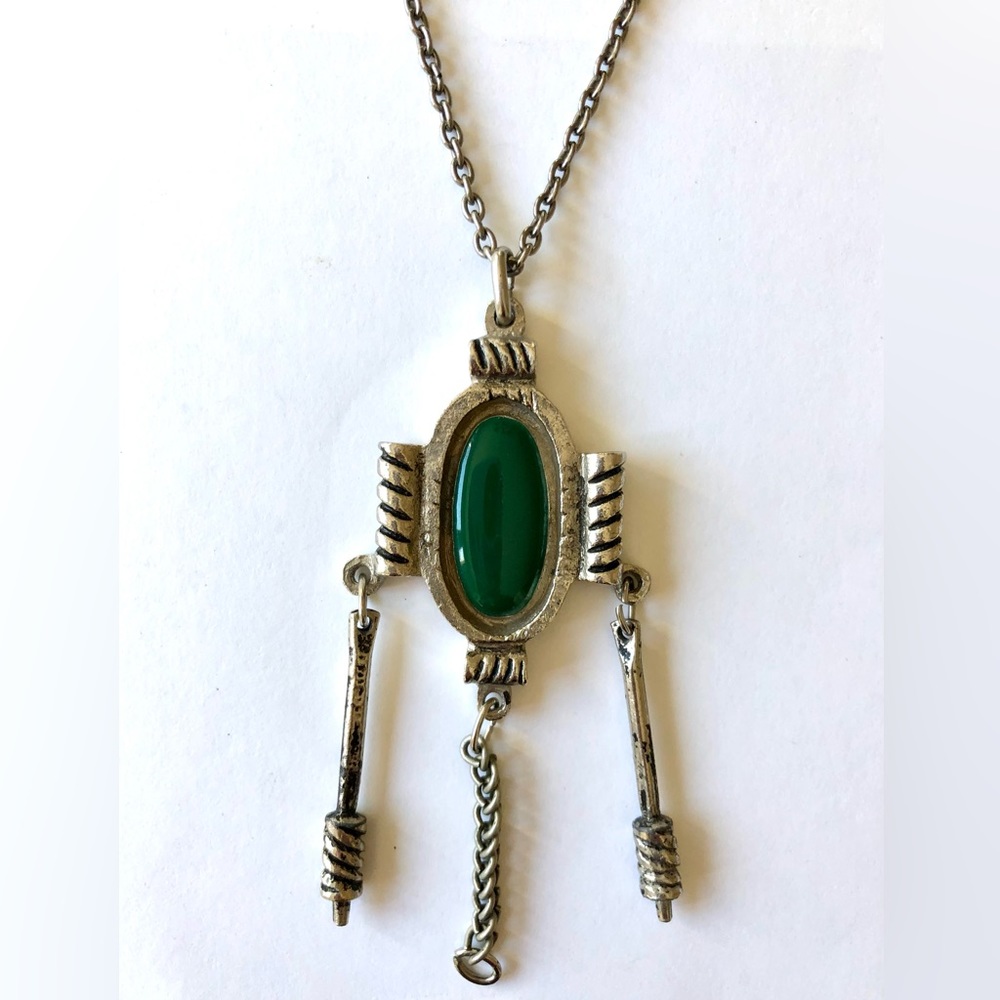 27” Silver Tone Chain Necklace with Large Pendant with Inlay of Jade/Jadeite